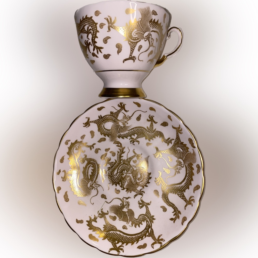 Vintage Bone china English Tea Cup Gold Dragons Pale Pink Tuscan